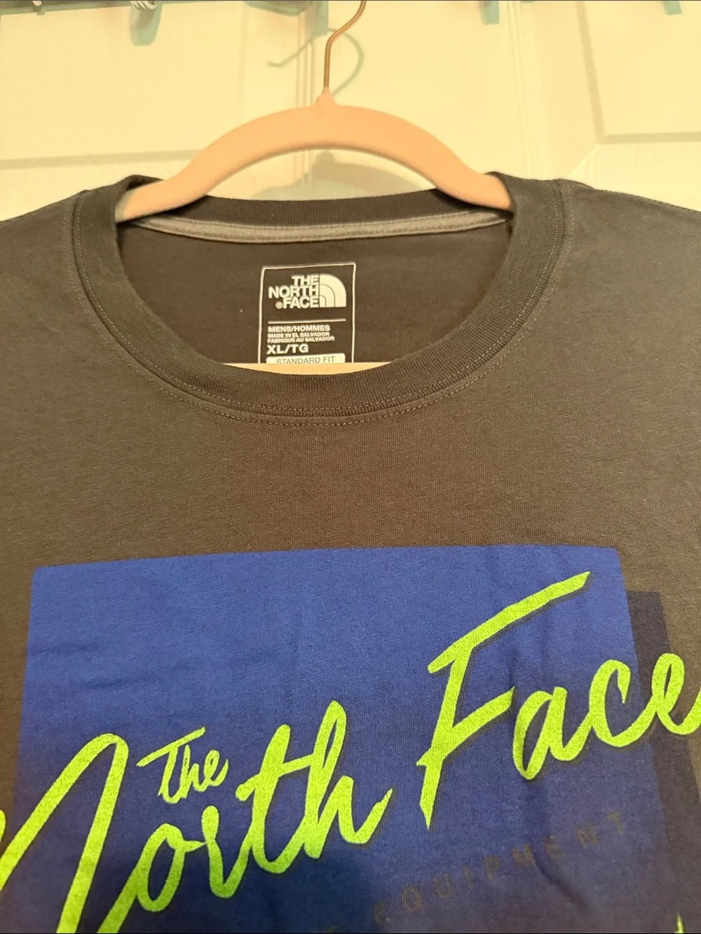The North Face Charcoal Gray Tee with Blue & Neon Green Graphic